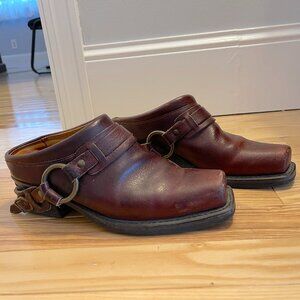 Women's Frye Belted Harness Mule 7.5 M Clog Booties Brown Motorcycle